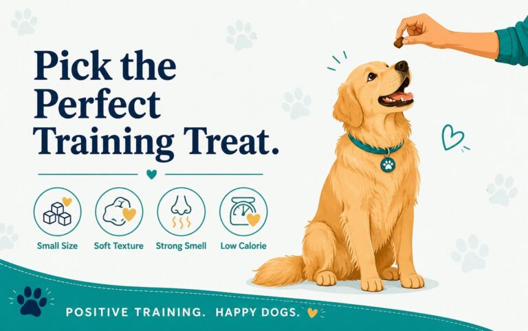 Golden retriever looking up at a training treat held in a hand, with icons for choosing the best dog training treats: small size, soft texture, strong smell, low calorie