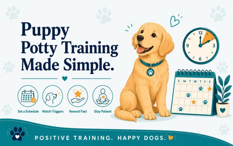 Golden retriever puppy sitting beside a clock and calendar, with icons for puppy potty training: set a schedule, watch triggers, reward fast, stay patient