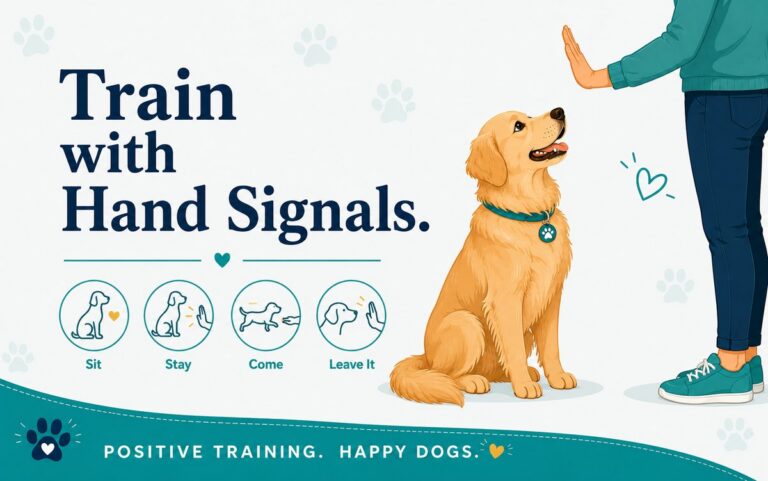 Golden retriever watching a person's raised open-palm stay gesture, with icons for dog training hand signals: sit, stay, come, leave it