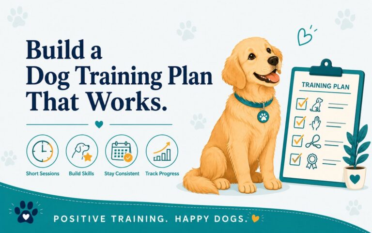 Golden retriever sitting next to a training plan checklist clipboard, with icons for building a dog training plan: short sessions, build skills, stay consistent, track progress