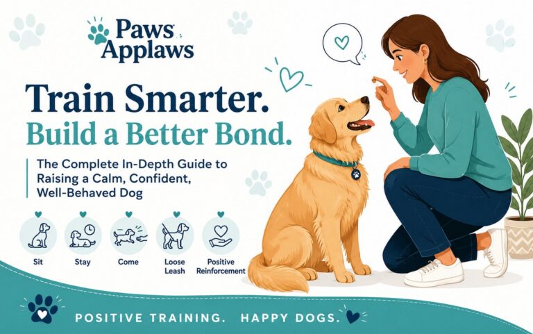 Woman using positive reinforcement to train a happy golden retriever with a treat, beside Paws Applaws dog training basics: sit, stay, come, loose leash