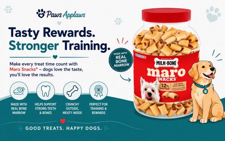 Milk-Bone MaroSnacks dog treats with real bone marrow, 40 oz jar, beside Paws Applaws training benefits: real bone marrow, supports teeth and bones, crunchy outside meaty inside, perfect for training