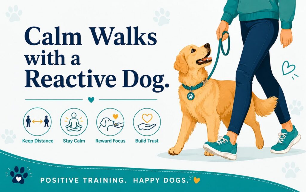 Person walking a calm golden retriever on a loose leash, with icons for reactive dog training: keep distance, stay calm, reward focus, build trust