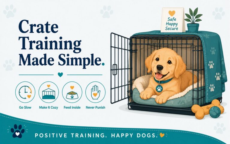Golden retriever puppy resting happily in a cozy open crate with soft bedding, beside icons for crate training: go slow, make it cozy, feed inside, never punish
