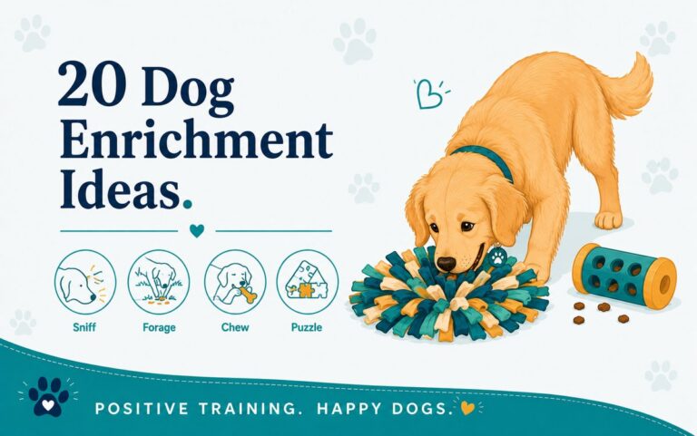 Golden retriever sniffing a colorful snuffle mat with a puzzle toy, beside icons for dog enrichment: sniff, forage, chew, puzzle