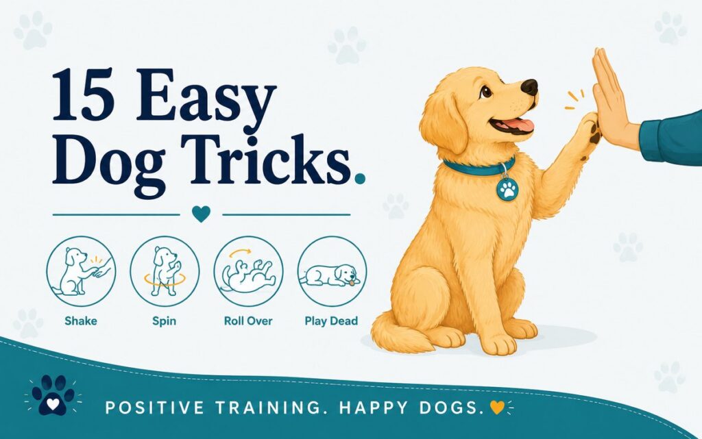 Golden retriever giving a high five to a person's hand, beside icons for easy dog tricks: shake, spin, roll over, play dead