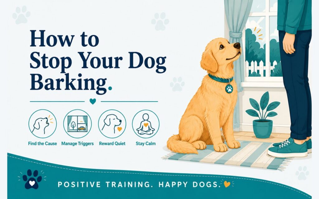 Calm golden retriever sitting quietly by a window looking up at its owner, beside icons for stopping barking: find the cause, manage triggers, reward quiet, stay calm