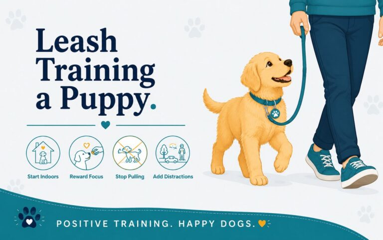 Golden retriever puppy walking calmly on a loose leash beside a person, beside icons for leash training a puppy: start indoors, reward focus, stop pulling, add distractions