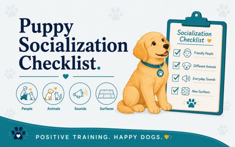 Golden retriever puppy sitting beside a socialization checklist clipboard with ticked boxes, beside icons for puppy socialization: people, animals, sounds, surfaces