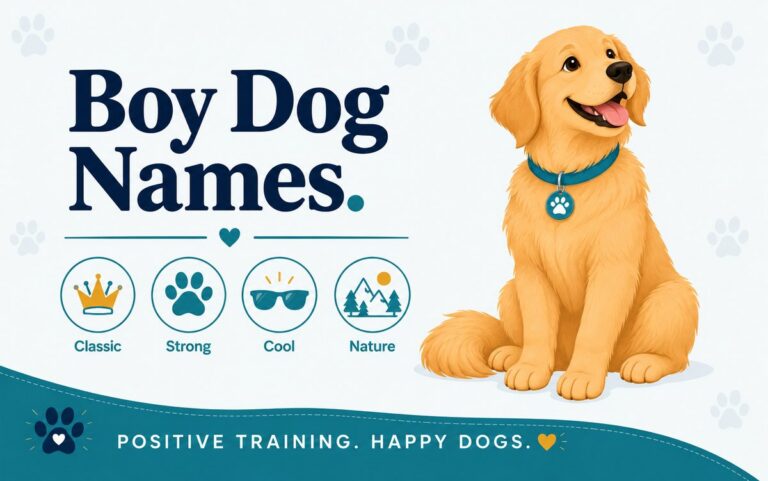 Confident golden retriever sitting proudly, beside icons for boy dog names: classic, strong, cool, nature