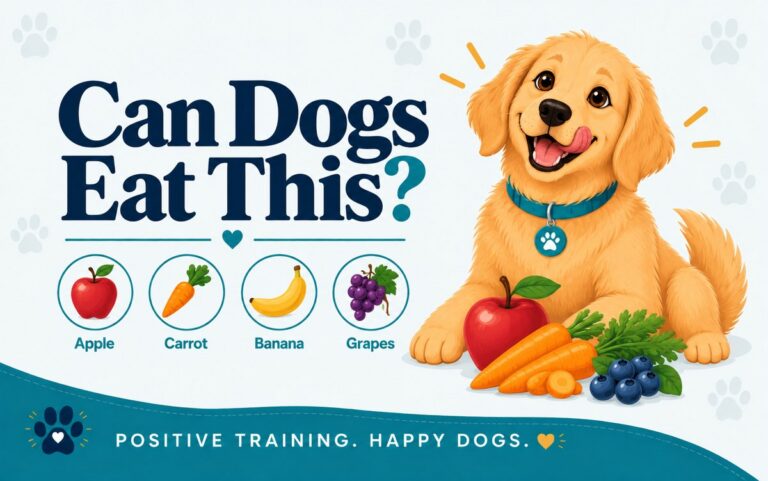 Golden retriever beside fresh fruits and vegetables, with icons for can dogs eat: apple, carrot, banana, and grapes