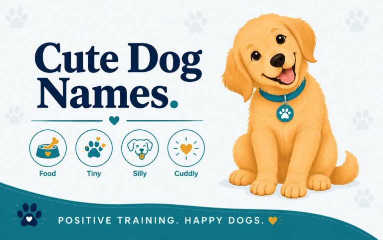Adorable golden retriever puppy tilting its head, beside icons for cute dog names: food, tiny, silly, cuddly