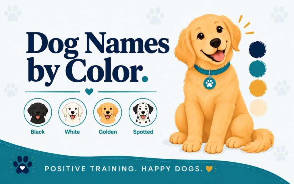 Golden retriever puppy beside color swatch dots, with icons for dog names by color: black, white, golden, spotted