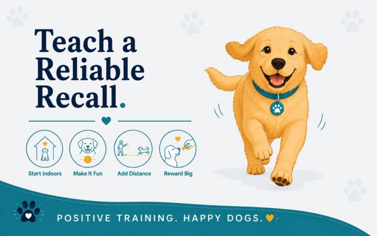 Happy golden retriever running joyfully toward the viewer as if coming when called, with icons for recall training: start indoors, make it fun, add distance, reward big