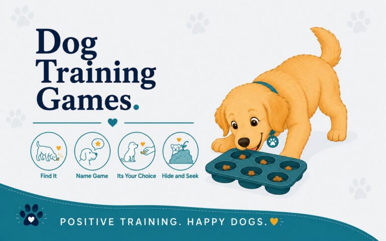 Playful golden retriever nosing at a muffin-tin treat game, with icons for dog training games: find it, name game, its your choice, hide and seek