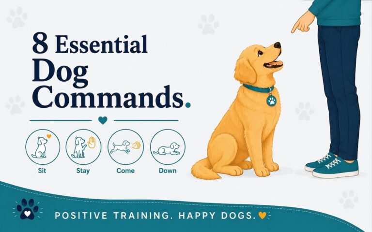 Attentive golden retriever sitting and looking up at its owner, beside icons for essential dog commands: sit, stay, come, down