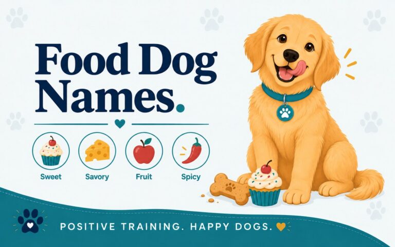 Happy golden retriever licking its lips beside a biscuit and cupcake, with icons for food dog names: sweet, savory, fruit, spicy