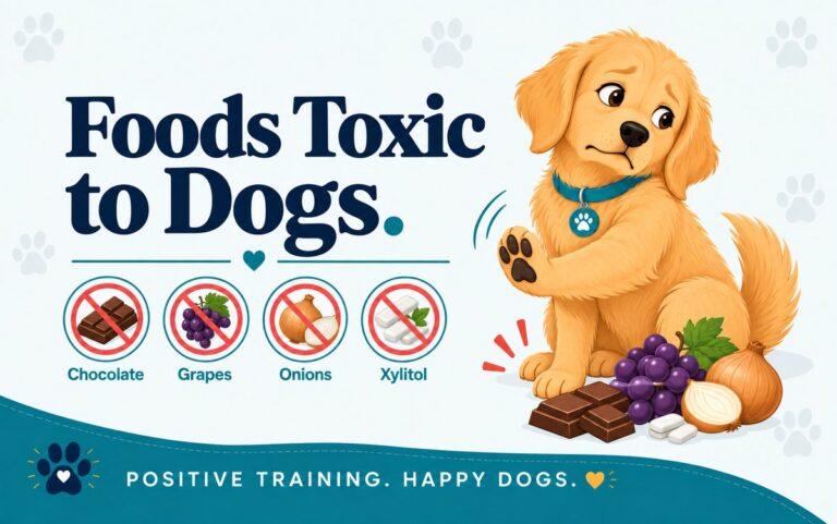 Golden retriever turning away from toxic foods, with icons for foods toxic to dogs: chocolate, grapes, onions, and xylitol
