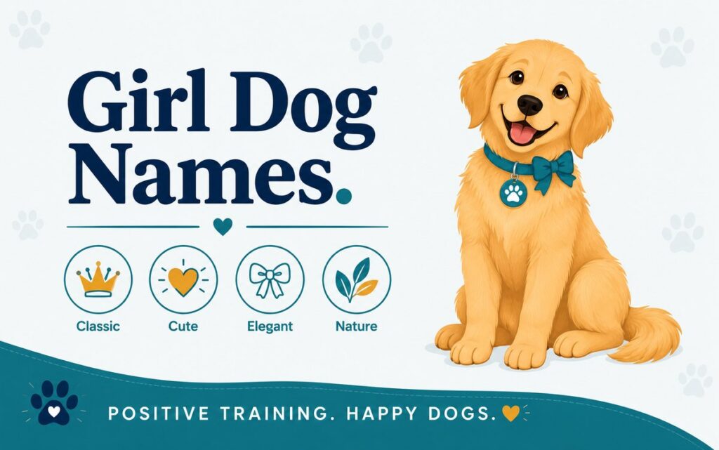 Sweet golden retriever with a teal bow, beside icons for girl dog names: classic, cute, elegant, nature