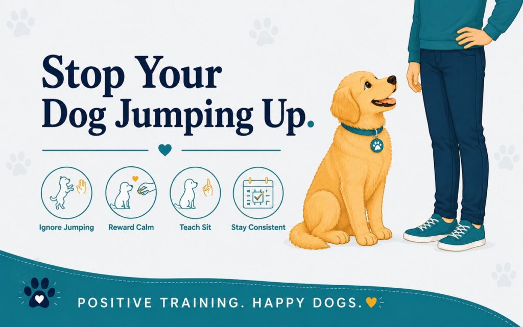 Golden retriever sitting politely with all four paws on the floor beside a calm standing person, instead of jumping, with icons: ignore jumping, reward calm, teach sit, stay consistent