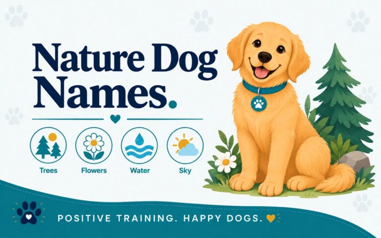 Golden retriever sitting beside a tree and flower in a garden, with icons for nature dog names: trees, flowers, water, sky