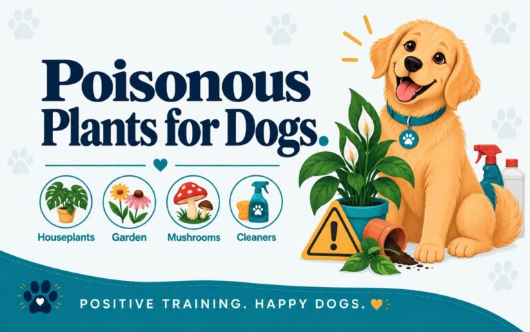 Golden retriever beside a houseplant and warning triangle, with icons for poisonous plants and household items: houseplants, garden, mushrooms, cleaners
