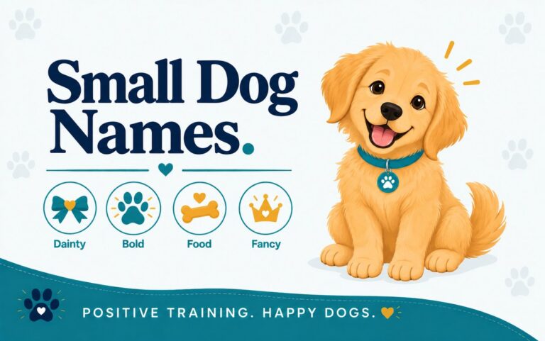 Tiny fluffy golden puppy sitting with a confident posture, with icons for small dog names: dainty, bold, food, fancy