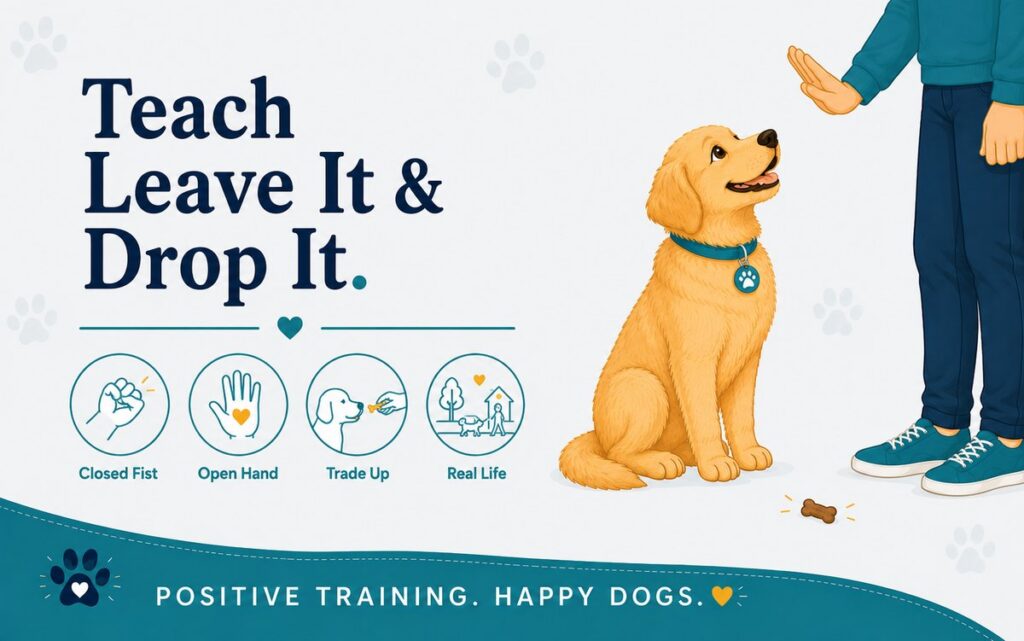 Golden retriever sitting and looking up at its owner while ignoring a treat on the floor, with icons for teaching leave it and drop it: closed fist, open hand, trade up, real life