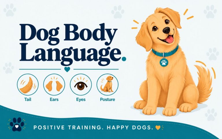 Expressive golden retriever sitting alertly, with icons for reading dog body language: tail, ears, eyes, and posture