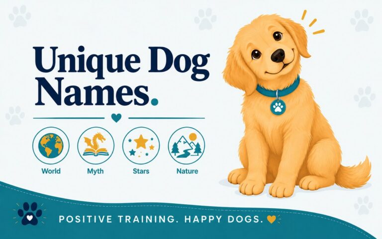 Distinctive golden retriever with a curious expression, beside icons for unique dog names: world, myth, stars, nature
