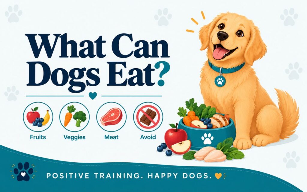 Happy golden retriever beside a bowl of dog-safe foods, with icons for what dogs can eat: fruits, veggies, meat, and foods to avoid